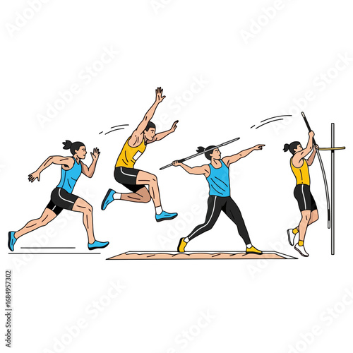 Dynamic pole vault sequence illustration for sports education and athletic training materials, showcasing the stages of the jump for educational purposes