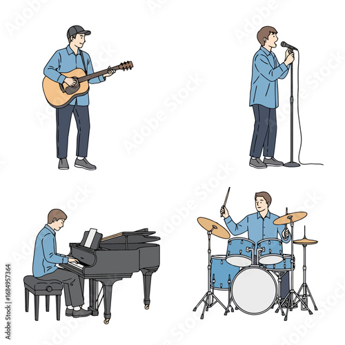 Quartet of musicians performing with guitar, microphone, piano, and drums, perfect for illustrating musical bands, live performances, and music education projects.