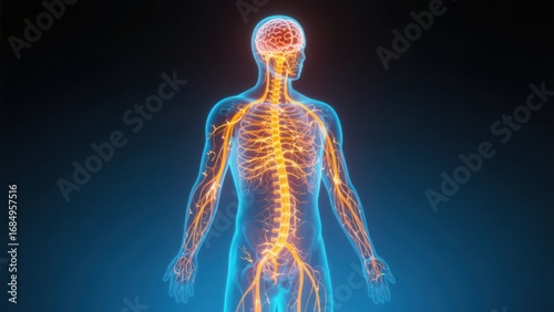 Medical representation of human nervous system highlighting brain, spinal cord, and nerves throughout the body.