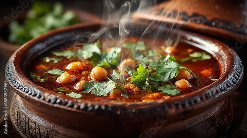 Bowl of steaming harira soup with chickpeas lentils and fresh coriander rustic clay bowl warm indoor evening lighting Moroccan comfort food concept