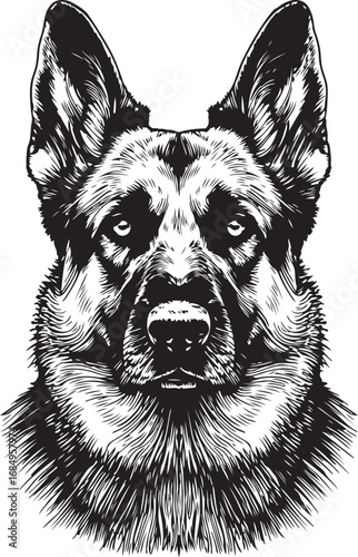 Detailed Black and White Illustration of a German Shepherd Dog with Alert Expression Perfect for Pet Lovers and Animal Art Enthusiasts