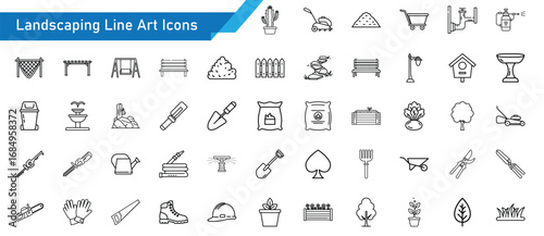Landscaping Line Art Icons Bundle - 50 Gardening, Lawn Care, Outdoor Tools, Plants, Yard Maintenance Vector Icon Set