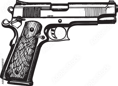 Detailed Black and White Vector Illustration of a Classic Handgun Symbolizing Power and Precision in Firearms Design