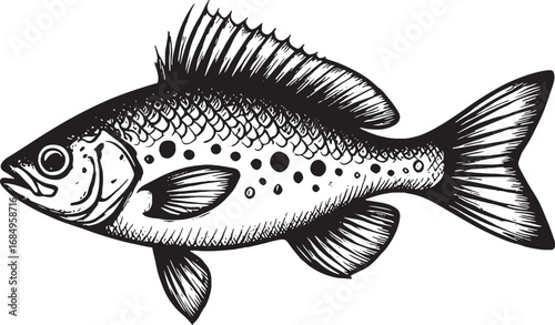 Detailed Fish Illustration in Black and White with Scaled Pattern and Fin Details for Fishing Enthusiasts