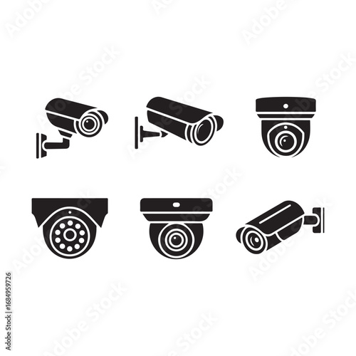 Collection of six black security camera icons for surveillance and monitoring applications vector
