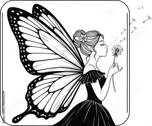 Fairy blowing dandelion vector illustration, elegant winged woman, nature and whimsy concept, fantasy theme, minimal design, isolated white background,