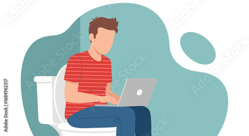 Illustration of a man multitasking, using a laptop while sitting on the toilet. Reflects modern digital habits, remote work, and personal time management.