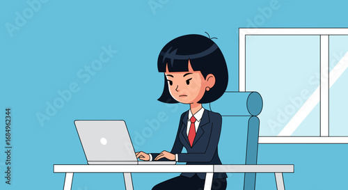 Focused young businesswoman working diligently on her laptop in a modern office setting. Represents productivity, professional work, and corporate tasks.