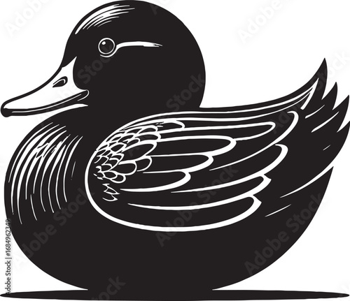 Elegant Black and White Duck Illustration with Detailed Feather Design and Clean Lines for Nature Enthusiasts and Designers