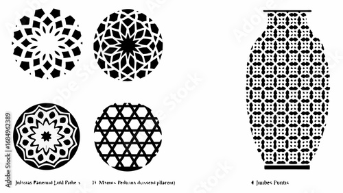 Collection of black and white geometric patterns including circular designs and a vase with repeating motifs