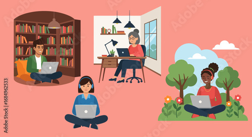 Diverse individuals work and learn remotely from various comfortable settings like a library, home office, and park, showcasing modern flexibility and productivity.