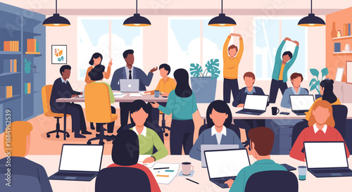 Busy office scene with a diverse team collaborating, attending meetings, and working on laptops, depicting modern business dynamics and employee wellness.