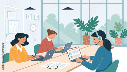 Three diverse women collaborate and work diligently at laptops in a modern, light-filled office. Ideal for themes of teamwork, customer service, and business productivity.