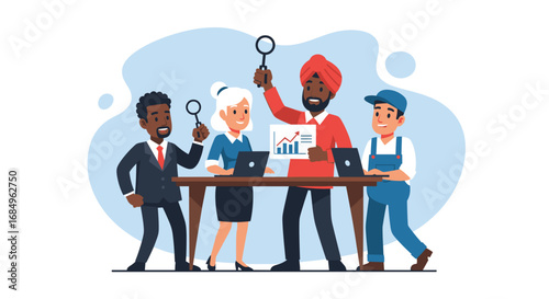Diverse business team collaborates on data analysis and market research, using laptops and magnifying glasses to achieve success. Ideal for business and professional concepts.