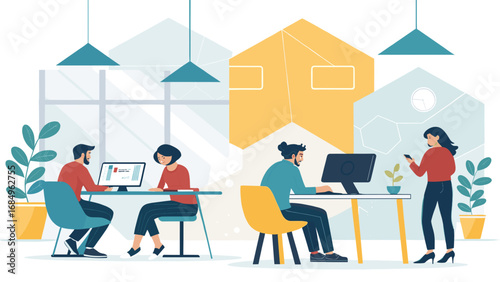Diverse professionals collaborate in a vibrant, modern office setting, focused on digital tasks. Represents productivity, teamwork, and contemporary work environments.