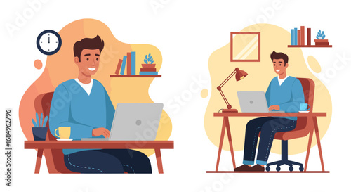 Smiling men working remotely on laptops at home or in a casual office setting. Depicts flexible work, online learning, productivity, and modern business lifestyle.
