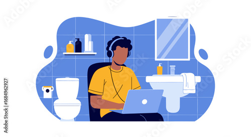 Person wearing headphones working on a laptop in a modern bathroom. Depicts remote work, flexible lifestyle, privacy, and productivity in unconventional spaces.