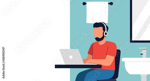 Man working remotely on his laptop with headphones in a modern room, showcasing effective online communication and a flexible work-life balance.