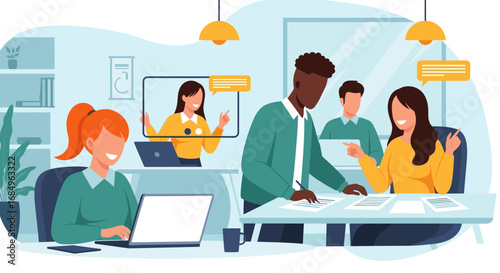 Diverse business team collaborating in a modern office, engaged in a meeting and online video call. Ideal for themes of teamwork, productivity, and modern corporate environments.