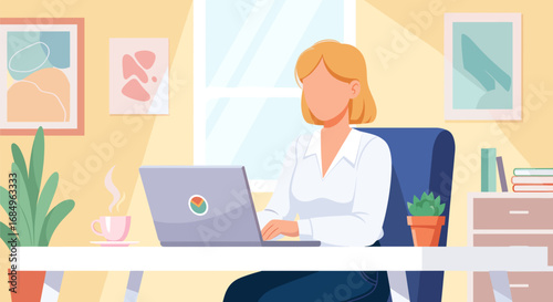 Woman working remotely on a laptop in a bright and modern home office, symbolizing productivity, online work, and a contemporary lifestyle.