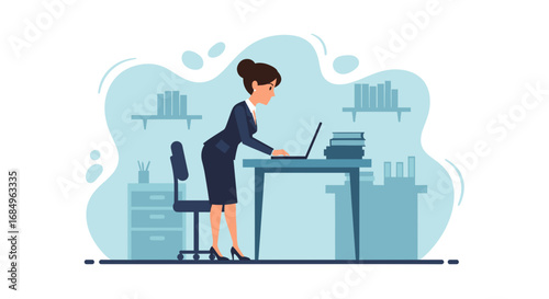 Focused businesswoman diligently works on her laptop in a modern office setting. Ideal for themes of productivity, career, corporate success, and remote work. Professional woman at work.