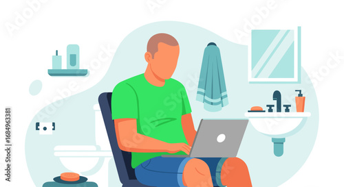 Man casually works on laptop in a bathroom, representing remote work, work-life integration, and modern flexible productivity.