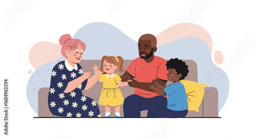 Happy multi-generational family enjoys time together on a sofa at home. Illustrates family bonds, joy, and domestic life. Ideal for parenting and care concepts.