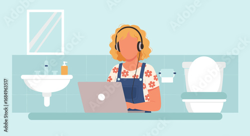 Person in headphones works on a laptop in a bathroom, depicting remote work, work-life integration, and adaptable productivity. Captures modern, flexible employment.