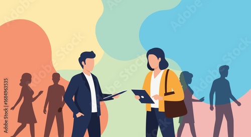 Professional business people collaborating on a project, exchanging ideas and documents. Ideal for concepts of teamwork, partnership, and communication.