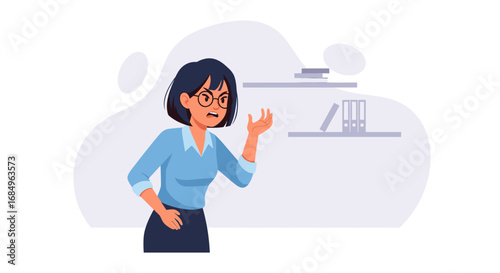 Angry businesswoman in glasses, gesturing in an office setting, illustrating workplace stress, conflict, or demanding communication for business and HR topics.