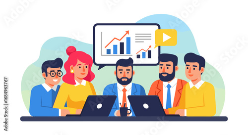 Business professionals collaborating in a meeting, analyzing data and charts for strategic growth. Represents teamwork, presentation, and successful project development.