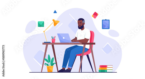Productive Black man focused on his laptop at a minimalist desk, embodying remote work, freelancing, and a modern professional lifestyle.