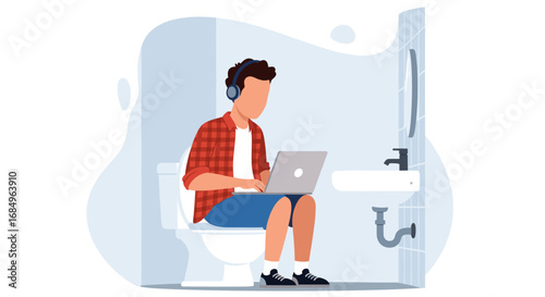Man in headphones works on laptop while sitting on a toilet, illustrating remote work, extreme multitasking, and digital lifestyle in a casual home setting.