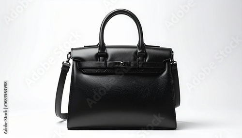 Black Leather Handbag with Strap, Isolated on White Background