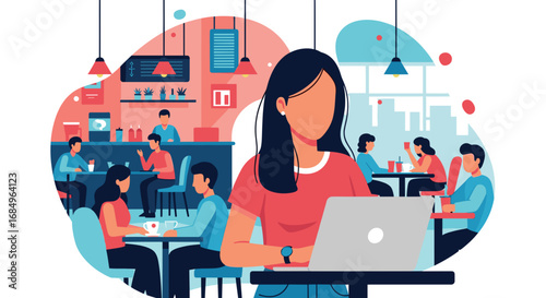 Focused woman working remotely on laptop in a bustling cafe. Represents modern freelance lifestyle, productivity, and flexible work environment.