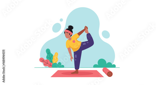 Woman in King Dancer yoga pose on a mat, symbolizing balance, wellness, and healthy lifestyle. Ideal for fitness, health, and mindfulness concepts.
