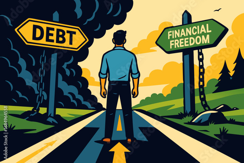 Debt vs Financial Freedom Illustration – Man at Crossroads Choosing Future Path