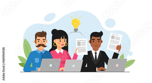 Diverse business team collaborates on laptops, generating ideas and reviewing documents in a professional office setting. Represents teamwork, innovation, and productivity.