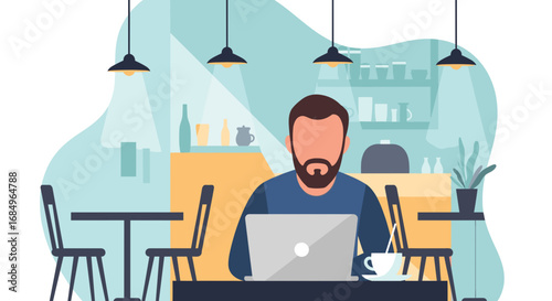 Bearded man focused on his laptop in a modern cafe, symbolizing remote work, freelancing, and a productive digital nomad lifestyle.