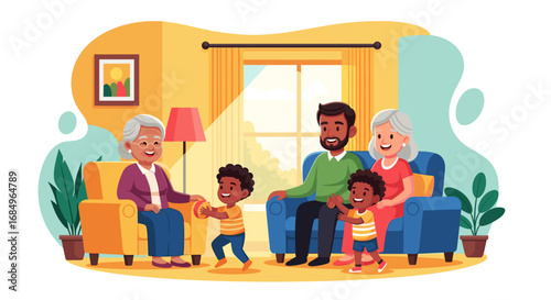 Happy multigenerational family with grandparents, parents, and children enjoying quality time together in their cozy living room, creating heartwarming memories.
