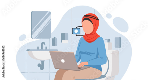 Woman in hijab focused on working with a laptop while sitting on the toilet in a modern bathroom, depicting multitasking or remote work lifestyle.