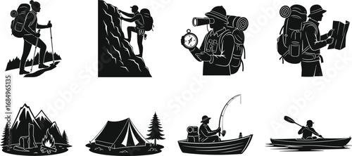 Adventure silhouettes of hiking, climbing, camping, kayaking, fishing, exploring nature, mountain trekking, navigation, backpack travel, outdoor activities, wilderness lifestyle