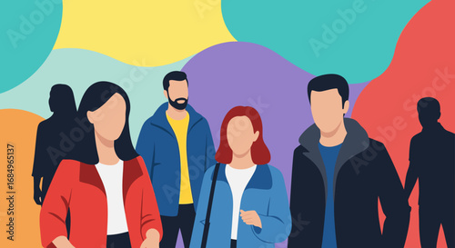 Diverse group of individuals, some detailed and some silhouettes, against a vibrant, abstract background, representing community and modern urban life.