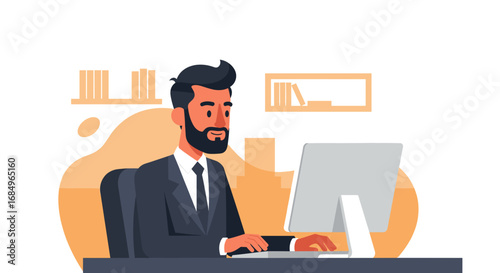 Professional businessman working diligently at his office desk on a computer. Ideal for concepts of productivity, corporate efficiency, and remote work.
