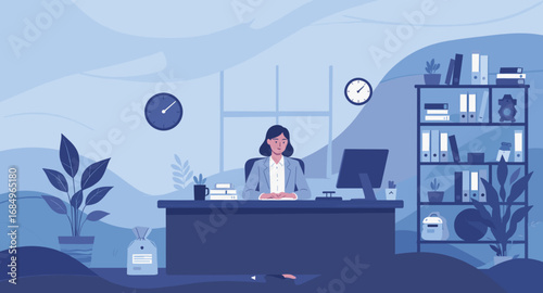 Professional woman working diligently at her modern office desk, surrounded by organized essentials. Ideal for business, productivity, and corporate life concepts.