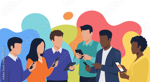 Diverse group of people connected through mobile technology, engaging with smartphones and tablets for social networking, communication, and digital lifestyle.