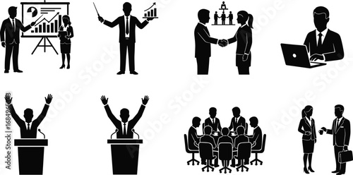 Business people silhouettes, professional meeting, presentation, handshake, office work, teamwork, conference, discussion, corporate teamwork vector illustration set