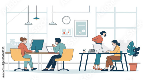 Office workers engaged in daily tasks and collaboration within a vibrant, modern workspace, showcasing productivity and a dynamic business environment.