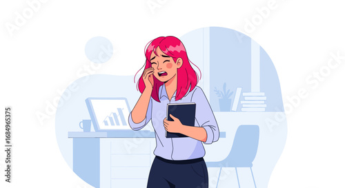 Distressed businesswoman crying in her office, overwhelmed by work pressure and bad news, symbolizing professional burnout and emotional struggle.
