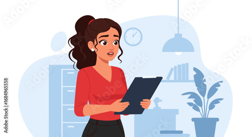 Professional woman with a shocked expression reviews documents on a clipboard in a modern office, depicting unexpected news or work challenges.